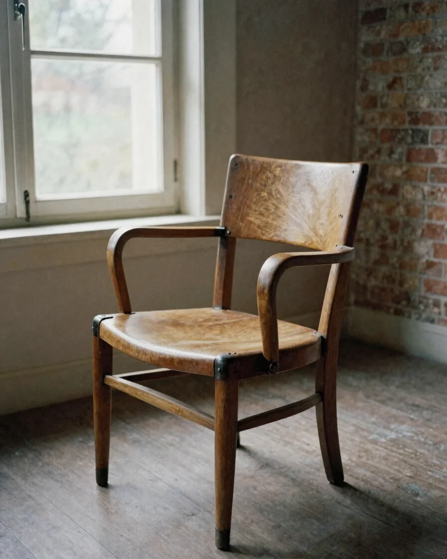 Photographie éditoriale d'un fauteuil en bois courbé des années 1950 seul dans une pièce sobre, lumière diffuse de fenêt