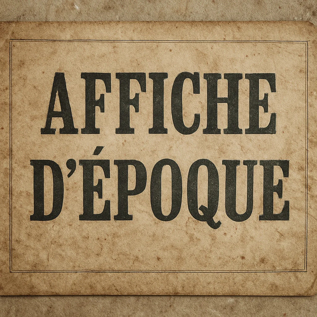 Affiche d’époque en gros plan, texture du papier et marques du temps, lumière belge douce, photographie éditoriale
