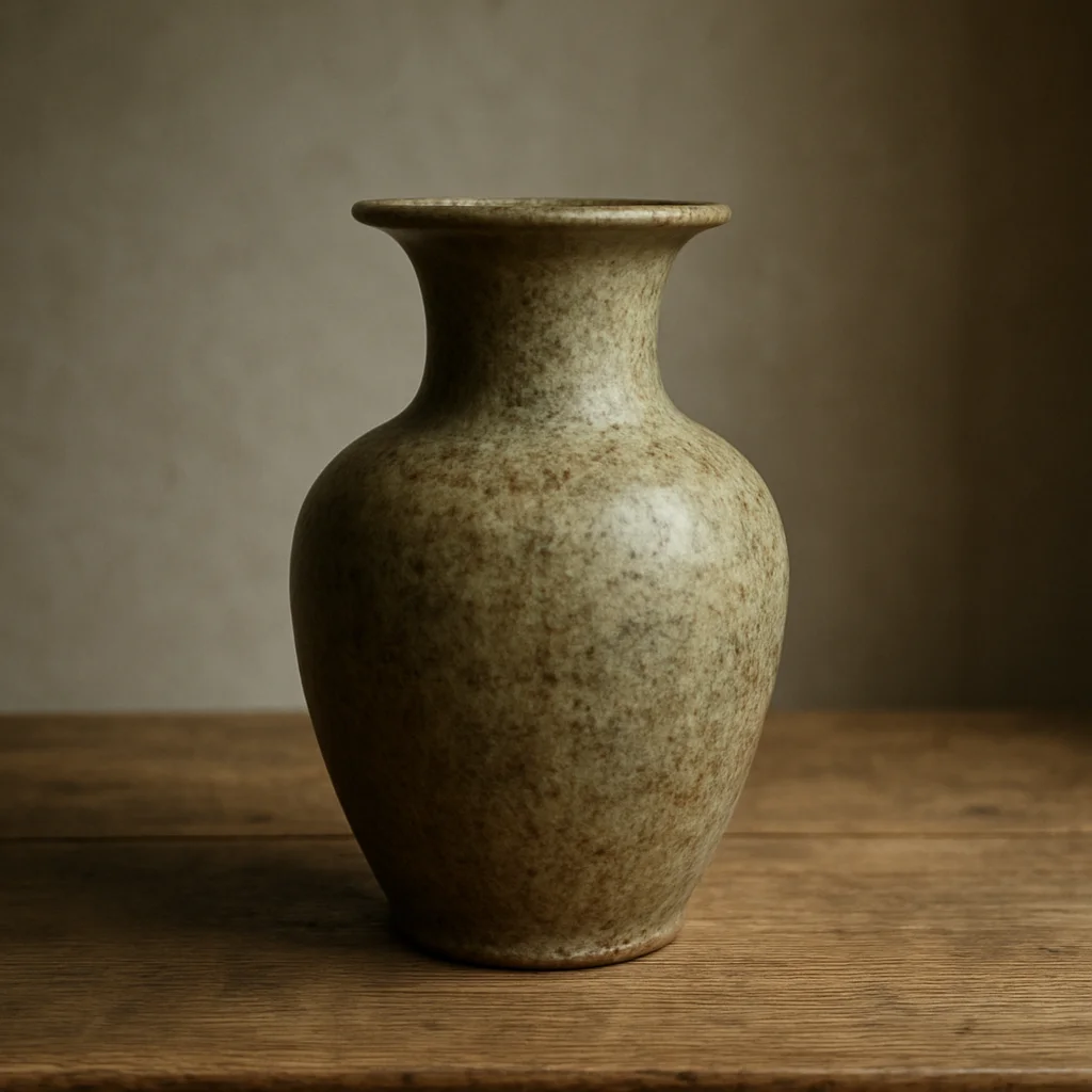 Vase en grès émaillé du XXᵉ siècle posé sur une table de bois, lumière diffuse de fenêtre, détail de l'émail mat, fond s