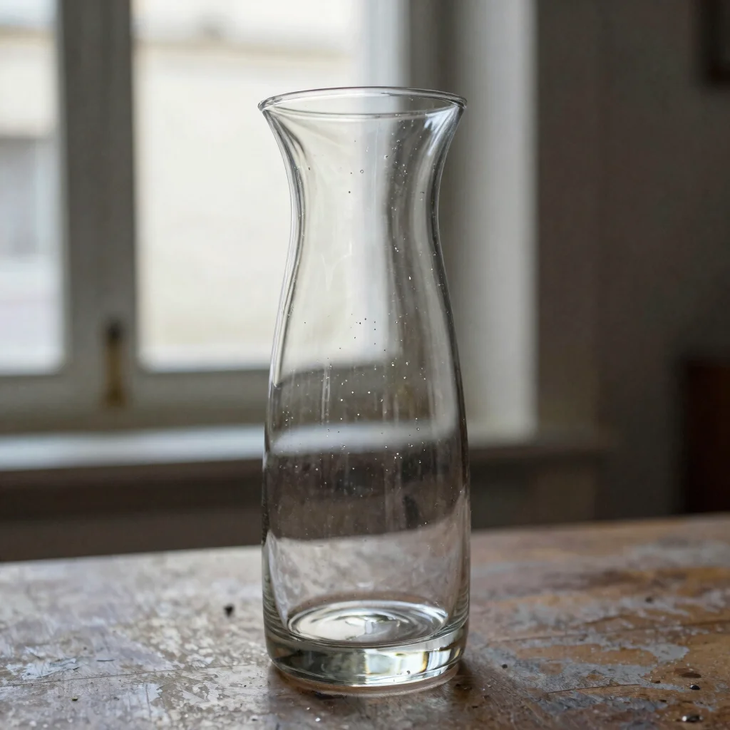Carafe en verre soufflé du XXᵉ siècle, lumière naturelle douce, bulles visibles dans le verre, fond neutre