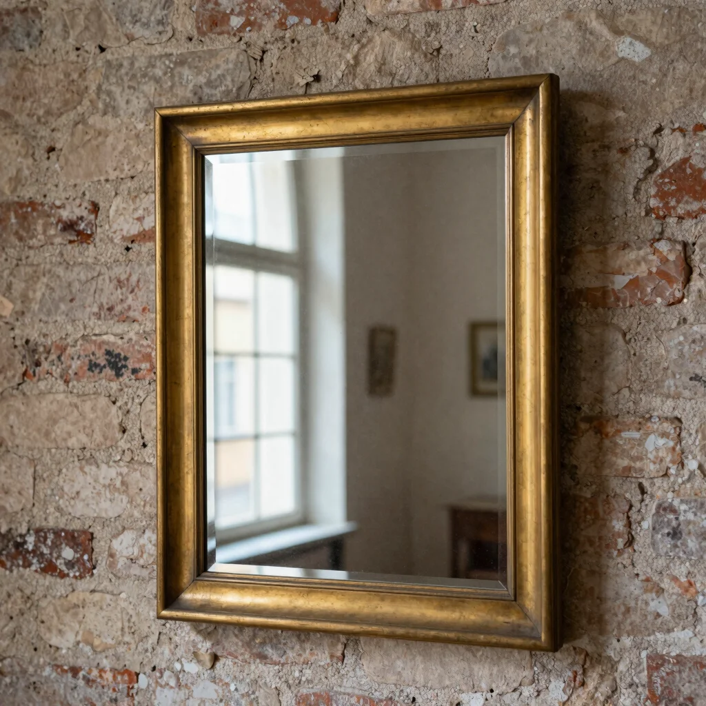 Miroir en laiton patiné du XXᵉ siècle accroché sur un mur de brique, lumière belge diffuse, patine visible