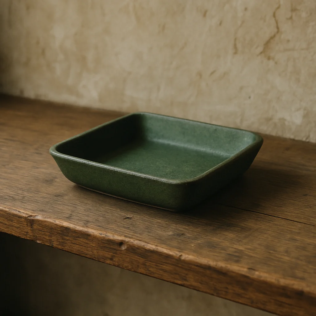 Vide-poche en céramique d'atelier, émail vert mat, posé sur une étagère en bois, cadrage éditorial 35 mm