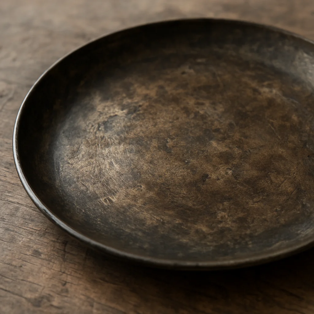 Petit plateau en bronze patiné, gros plan sur les marques du temps et le grain du métal, lumière naturelle