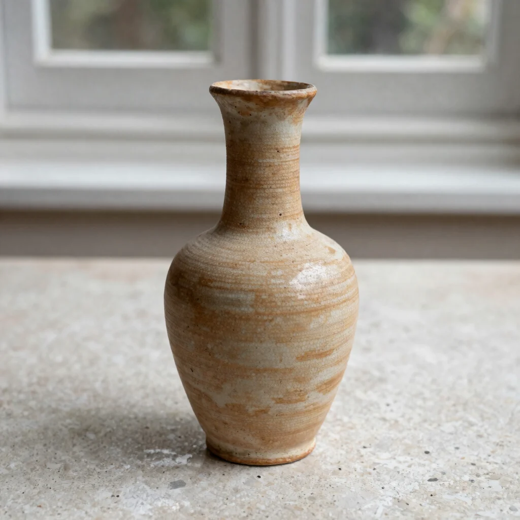 Vase en grès au col étroit, texture de la terre cuite visible, fond de pierre, grain subtil
