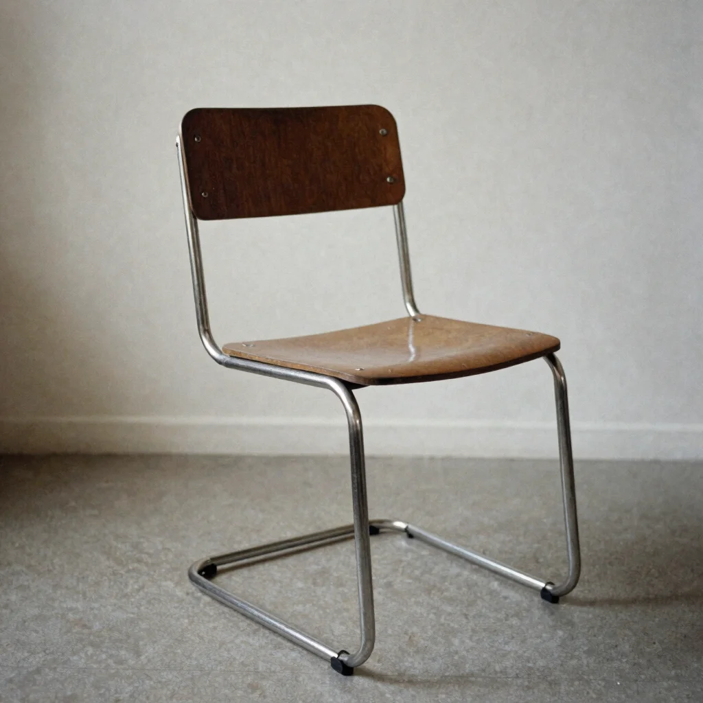 Photographie éditoriale d'une chaise tubulaire métal des années 1960 sur fond sobre, lumière diffuse, tons naturels, gra