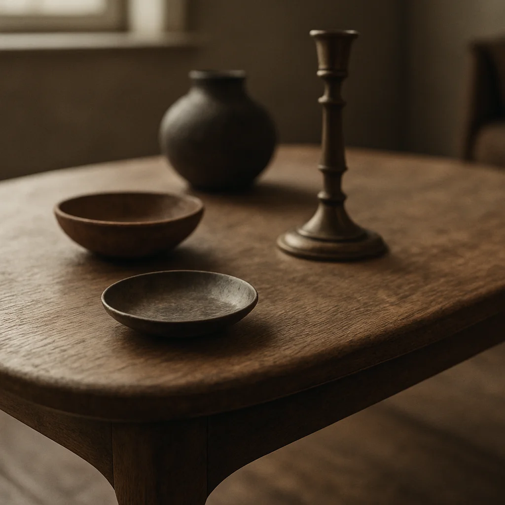 Gros plan éditorial sur le plateau d'une table basse en bois courbé, détail de matière, lumière douce de fenêtre