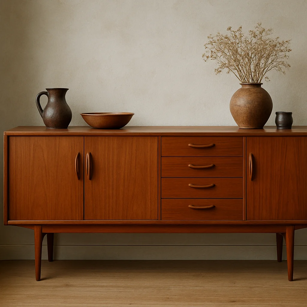 Vue d'ensemble d'un buffet scandinave en teck, cadrage 35 mm, lumière diffuse, tons patinés