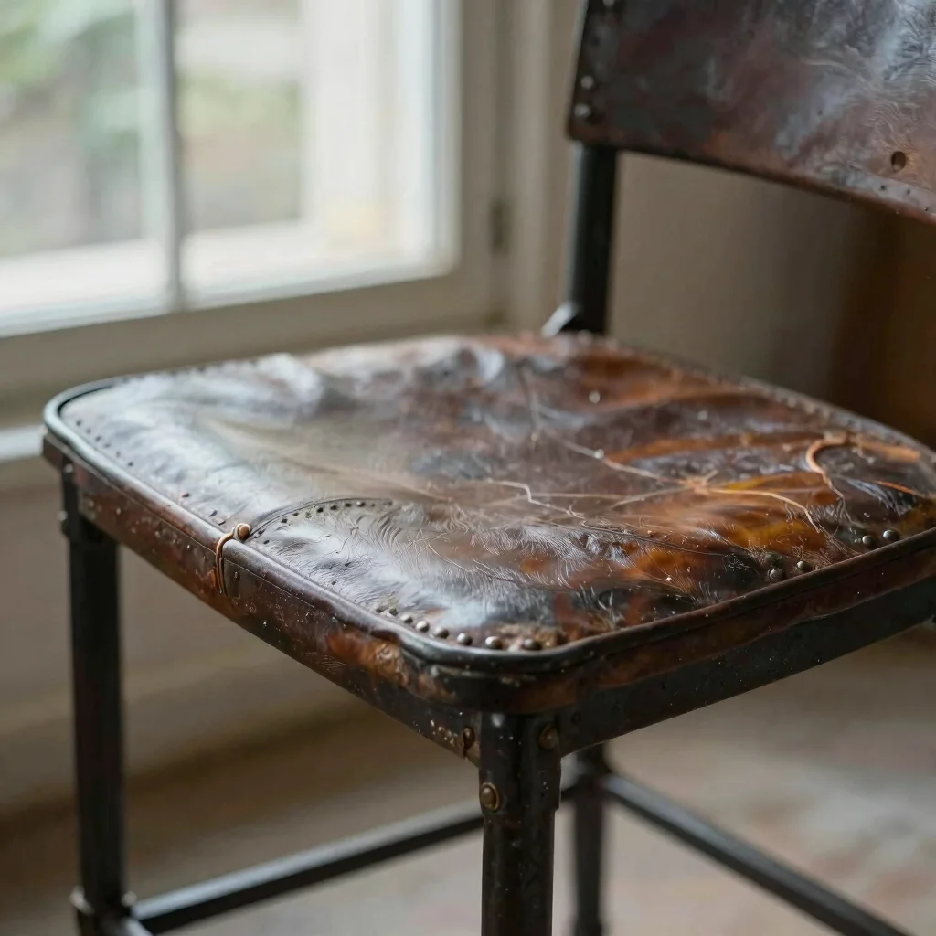 Gros plan d'une assise en métal tubulaire et cuir patiné, détail de soudure, lumière naturelle