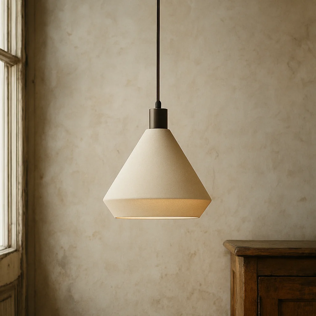 Photographie éditoriale d'un luminaire à suspension aux lignes épurées, lumière douce, fond sobre